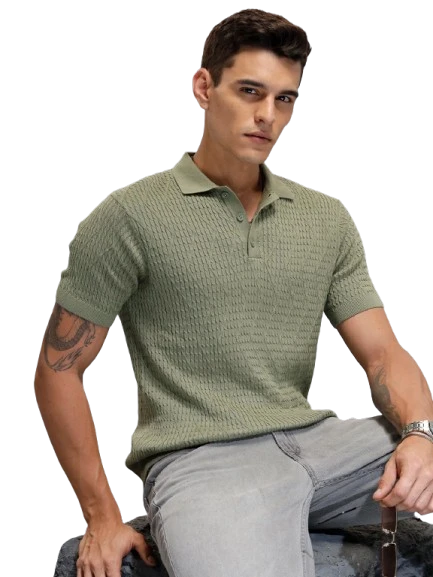 Olive Slim Fit Textured Polo T-Shirt for Men