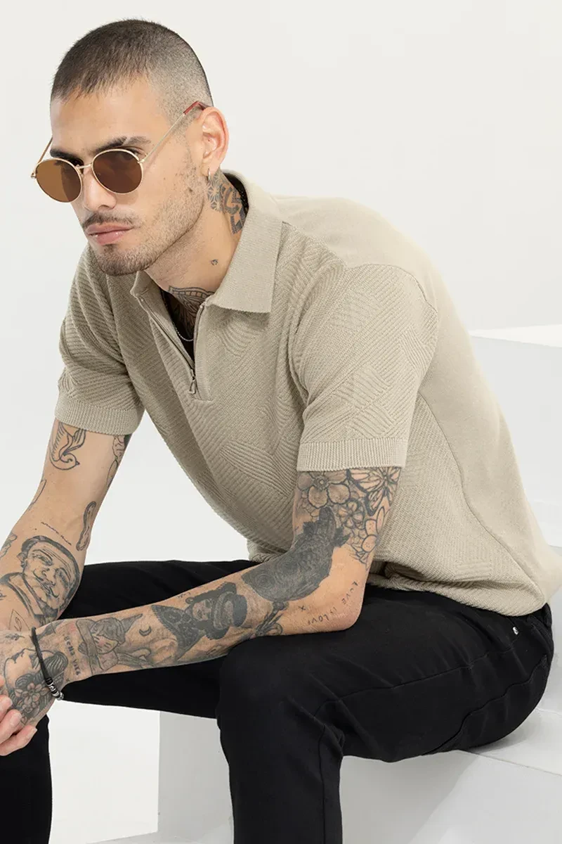 Beige Plain Slim Fit Polo T-Shirt for Men – Cotton Half Sleeve Casual Wear | India Store Mart