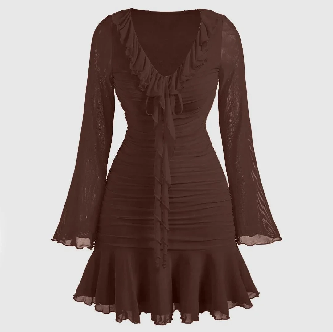 Women’s Brown Ruffle-Hem Midi Dress – Long Sleeve, Elegant Everyday Style