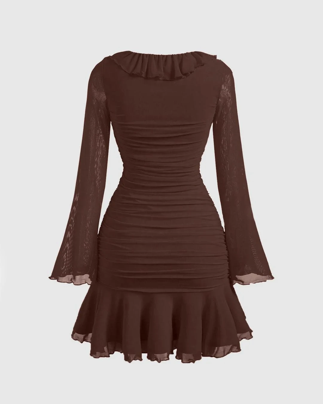 Women’s Brown Ruffle-Hem Midi Dress – Long Sleeve, Elegant Everyday Style