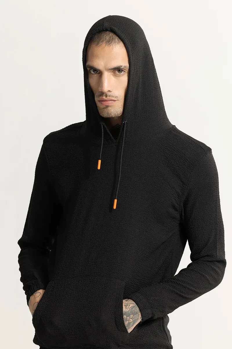 Black Relaxed Fit Hoodie for Men – Textured Casual & College Wear | Snitch