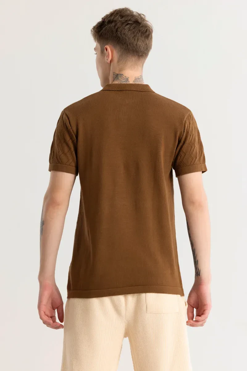 Brown Textured Slim Fit Polo T-Shirt for Men – Cotton Half Sleeve Casual Wear