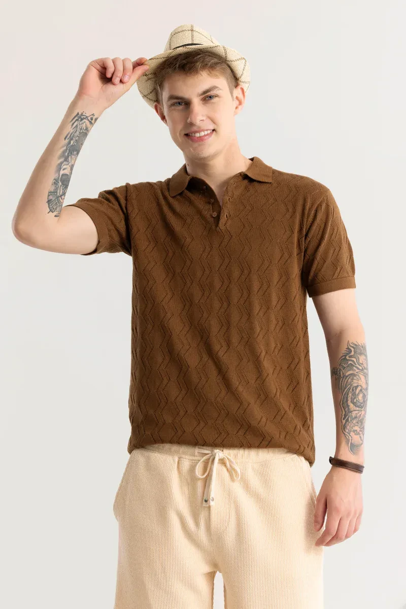 Brown Textured Slim Fit Polo T-Shirt for Men – Cotton Half Sleeve Casual Wear