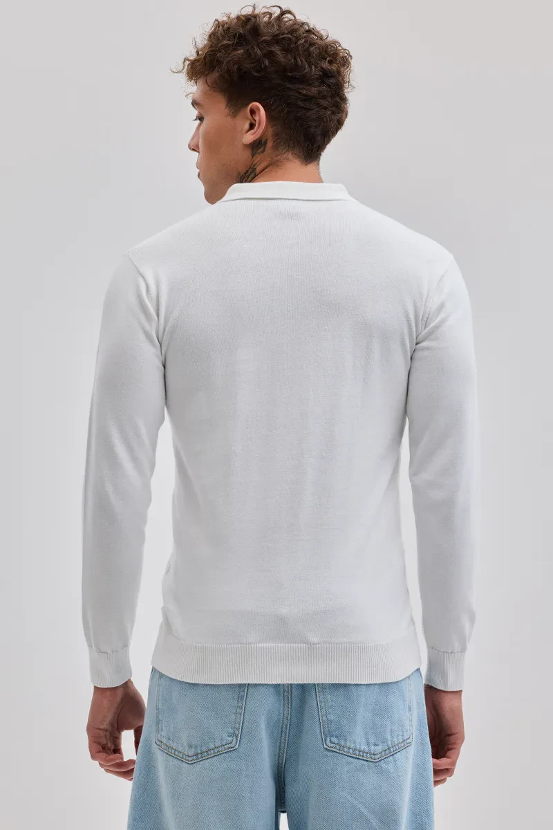 White Printed Slim Fit Polo T-Shirt for Men – Cotton Full Sleeve Casual Wear