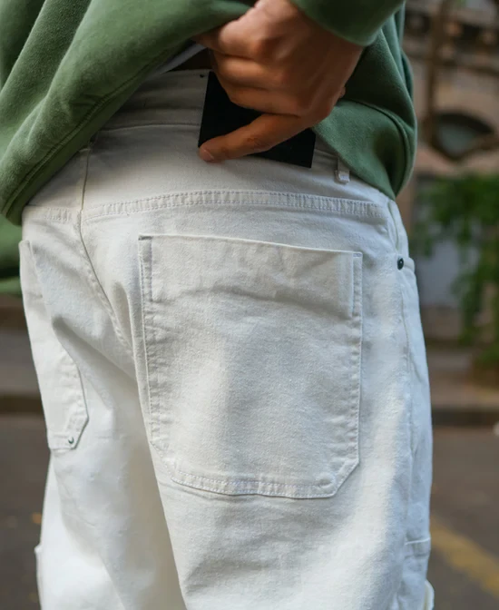 White Baggy Fit Patch Pocket Denim Jeans for Men – 100% Cotton Casual Wear