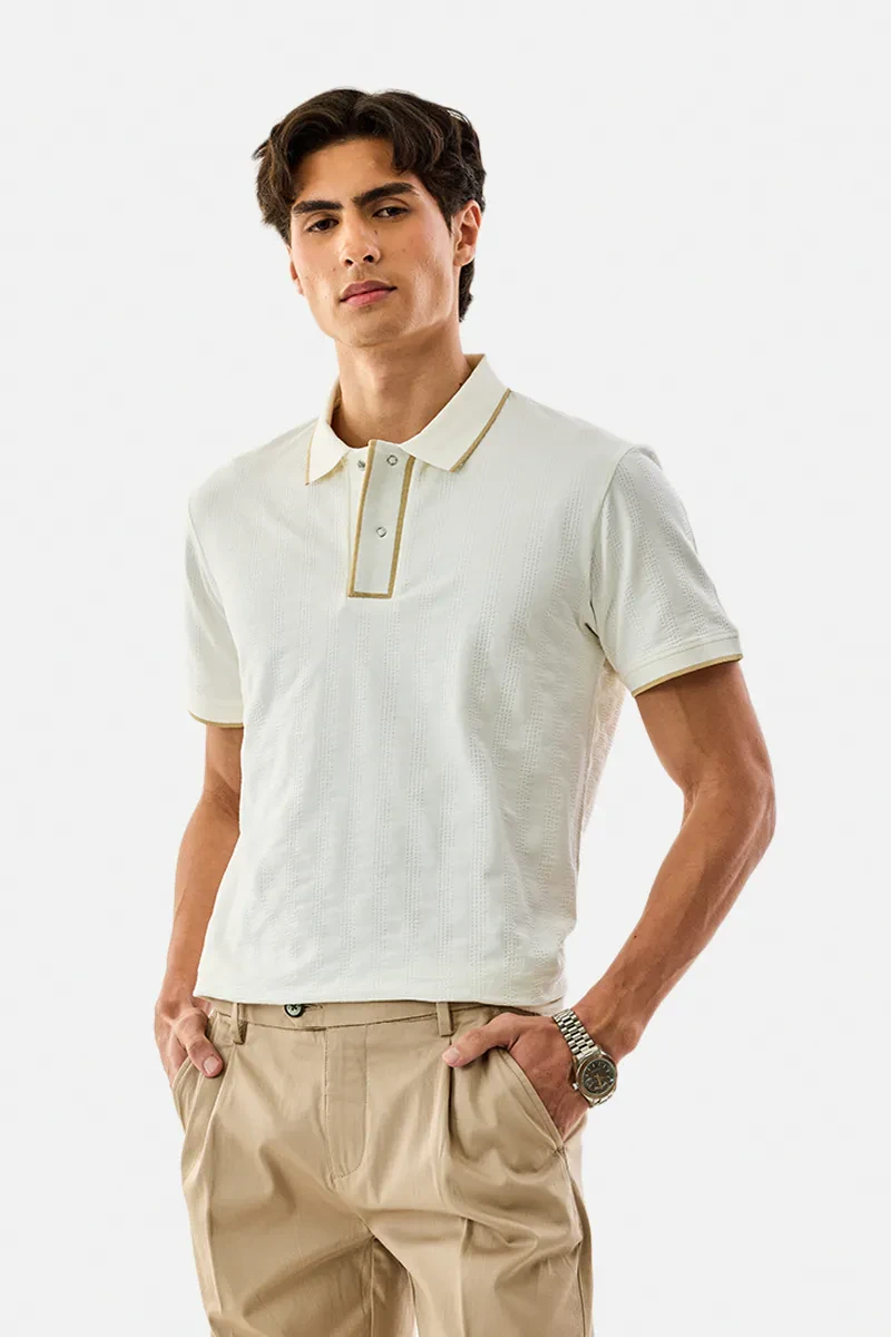 White Textured Polo T-Shirt for Men – 100% Cotton Regular Fit Casual Wear